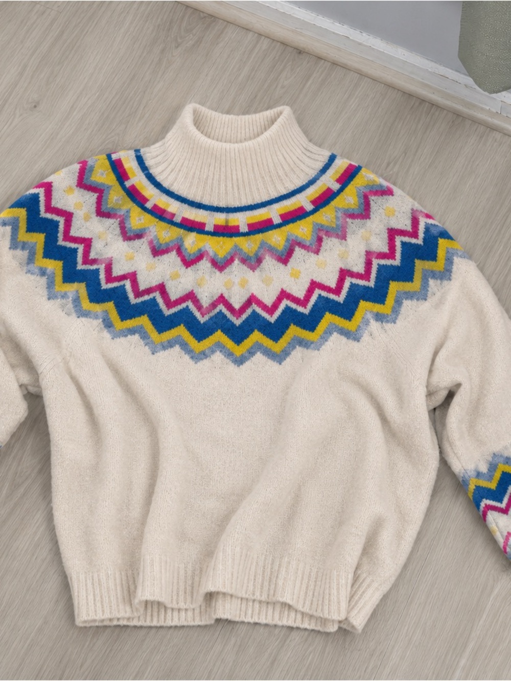 Vince Camuto Cream Turtleneck Sweater with Pink, Blue, Yellow & Purple Yoke